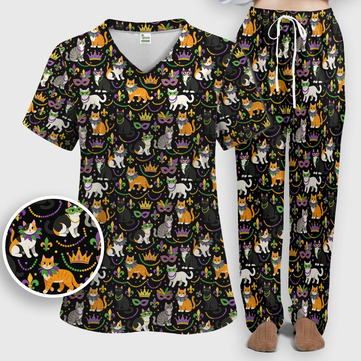 Cat Mardi Gras Nurse Scrub Set