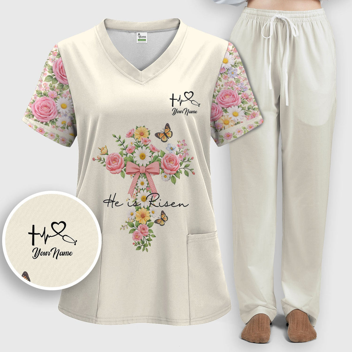 Personalized Easter Nurse He Is Risen Scrub Set