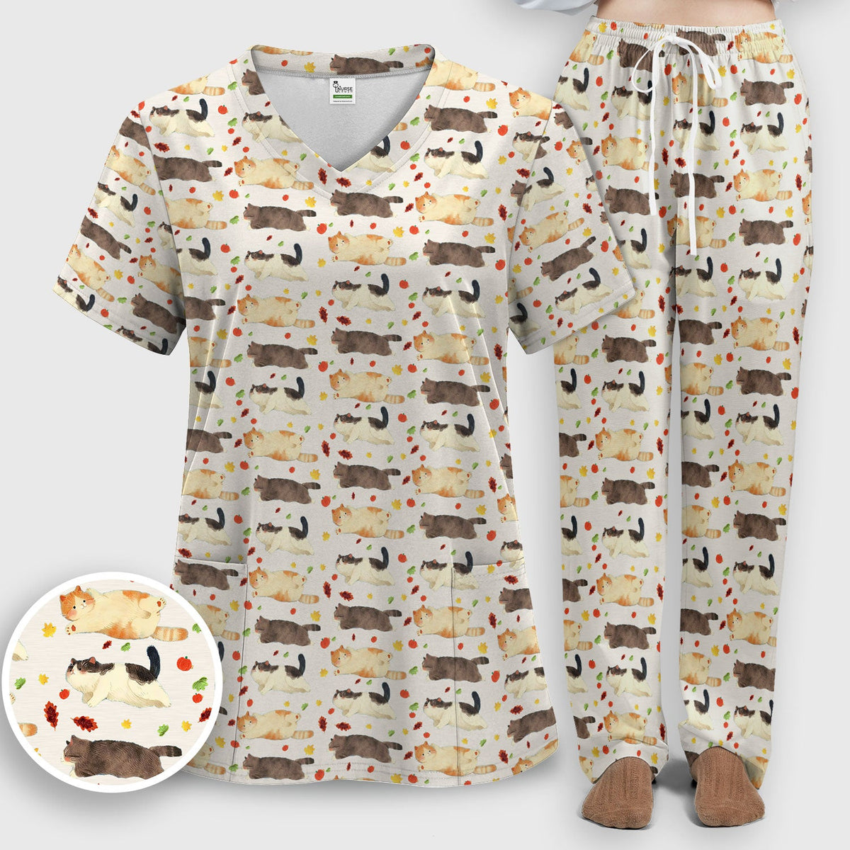 Chubby Cat Autumn Leaves Nurse Scrub Set