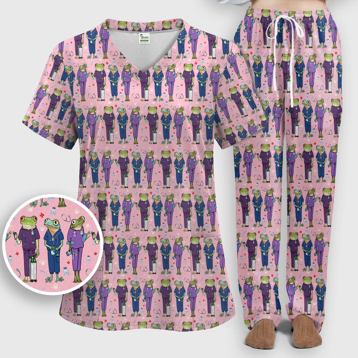 Funny Frog Nurse Pattern Scrub Set, Scrub Pants and V Neck Top