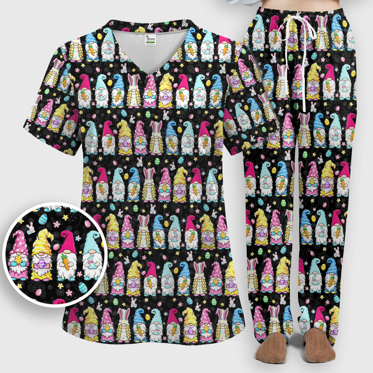 Colorful Easter Gnome Bunny Eggs Nurse Scrub Set