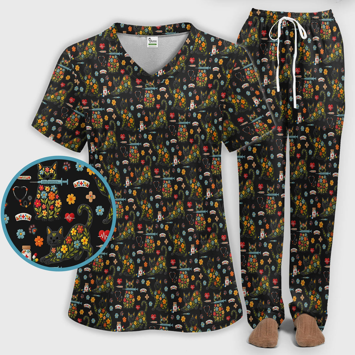 Floral Black Cat Nurse Scrub Set