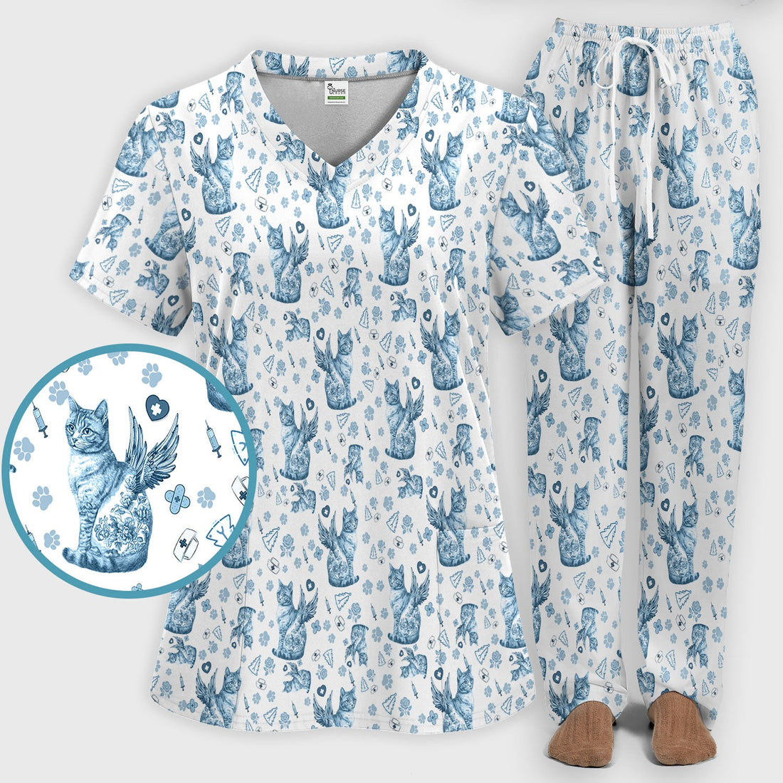 Toile De Jouy Cat Angel Nurse Scrub Set