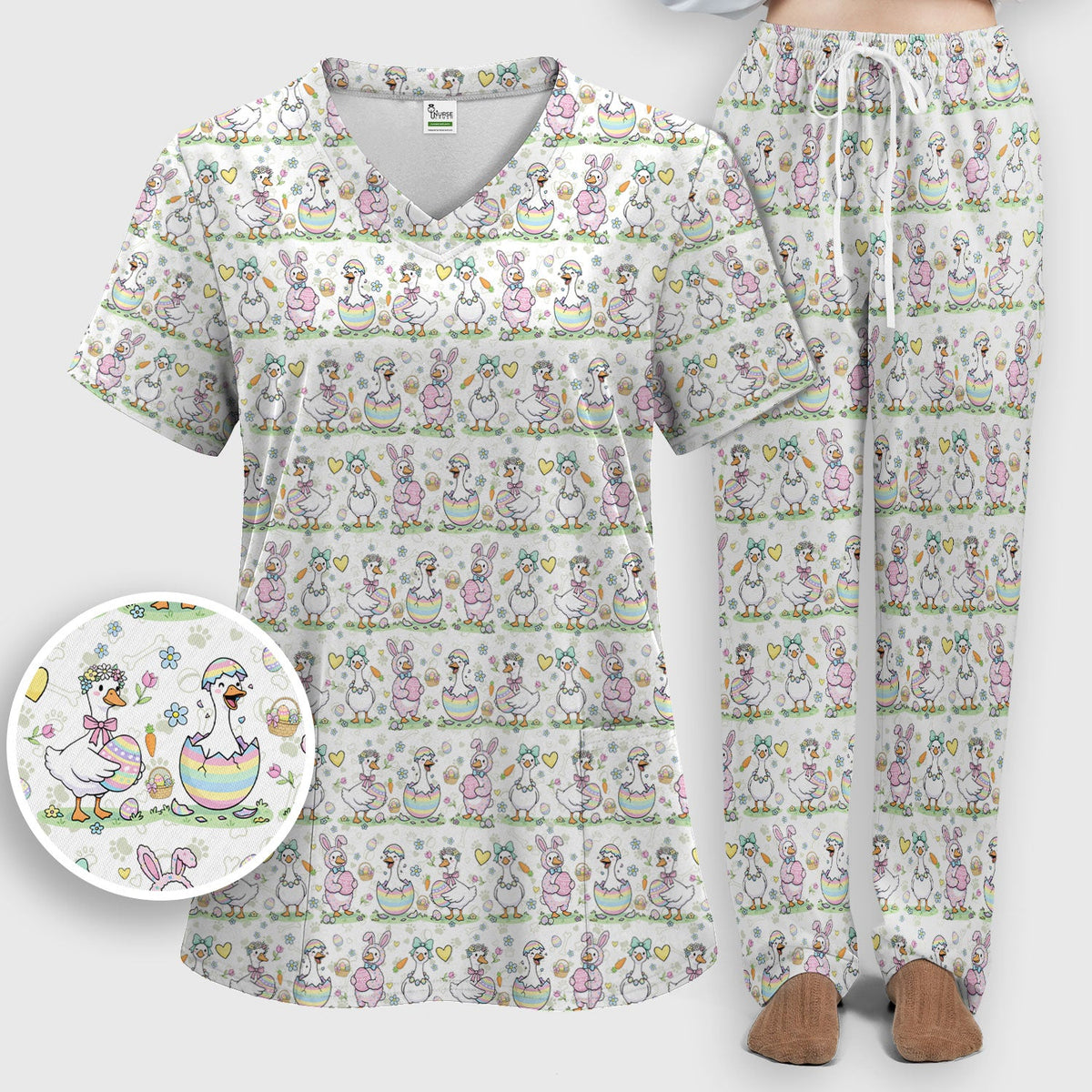 Spring Easter Goose Bunny Nurse Scrub Set