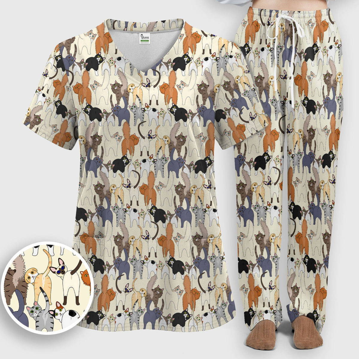 Whimsical Multicolor Cat Cartoon Nurse Scrub Set