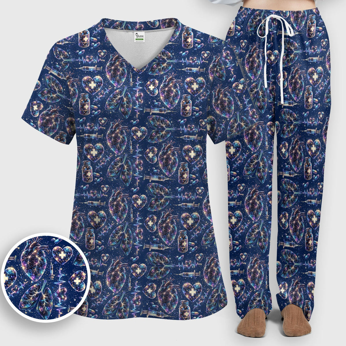 Galaxy Anatomical Heart Lung Syringe Nurse Scrub Set