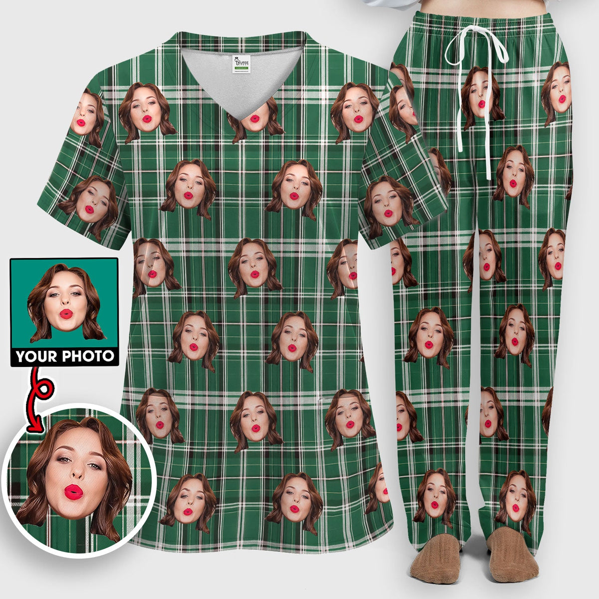 Personalized Photo Plaid Nurse Scrub Set