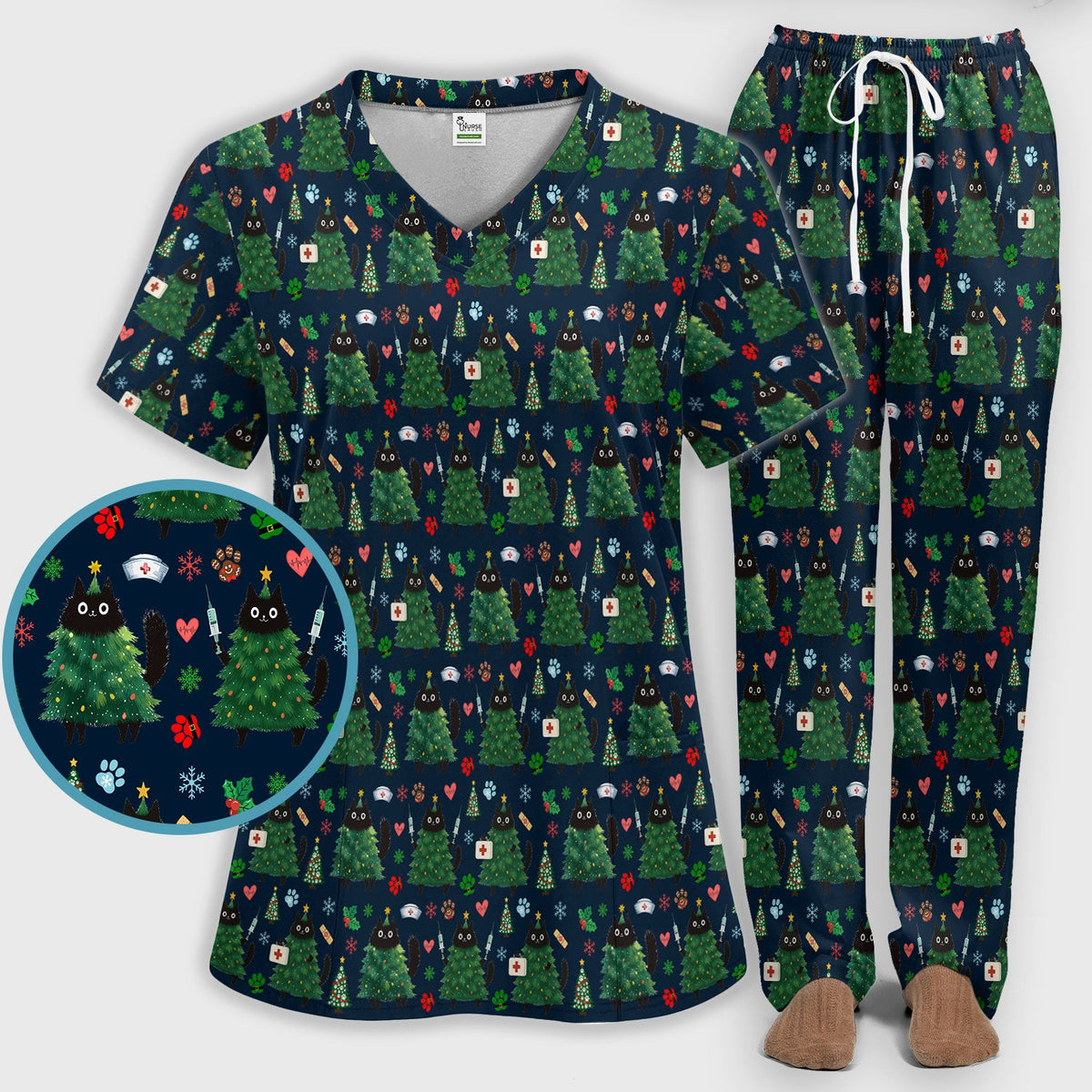 Christmas Black Cat Nurse Scrub Set