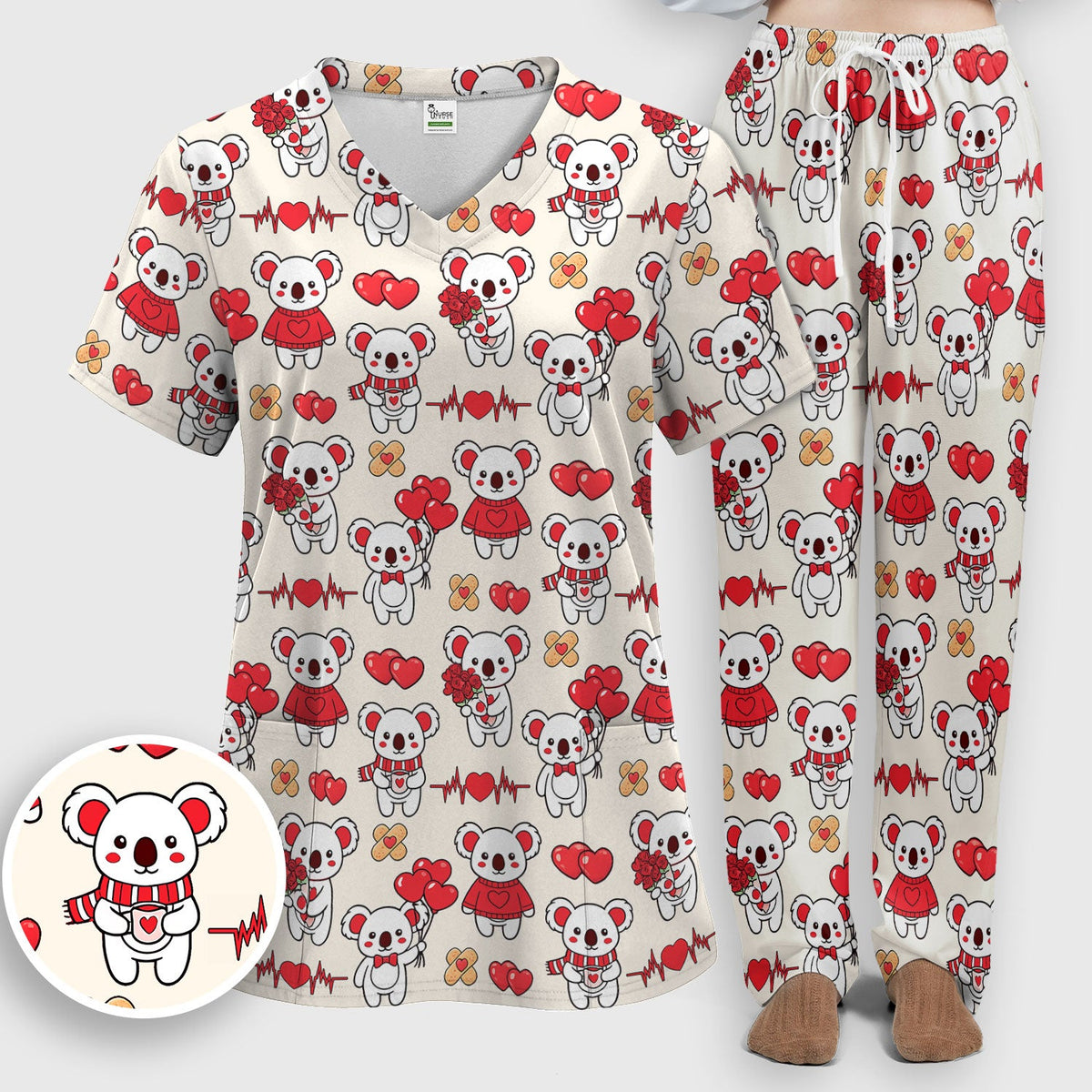 Sweet Koala Valentine Medical Design Scrub Set, Breathable Med Uniform