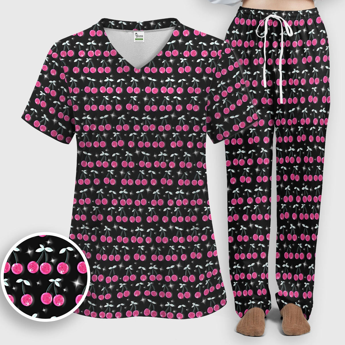 Pink Cherry Sparkle Nurse Scrub Set