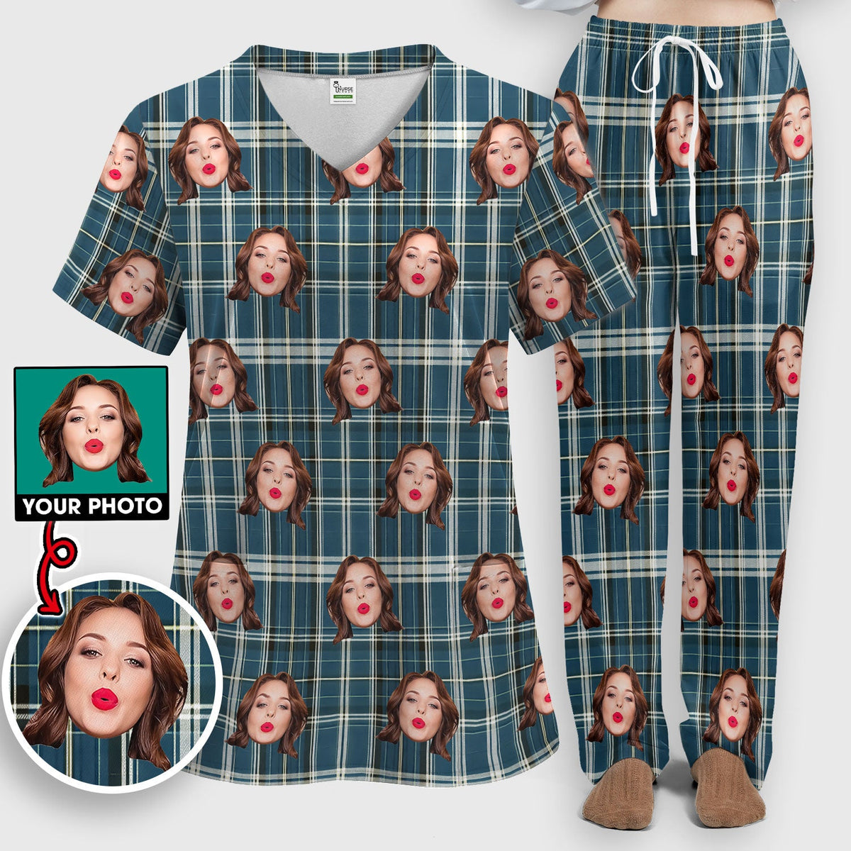 Personalized Photo Plaid Nurse Scrub Set