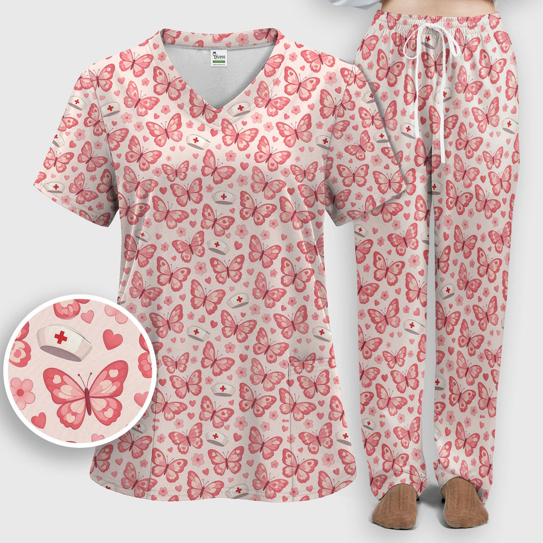 Valentine Butterfly Pink Heart Nurse Scrub Set