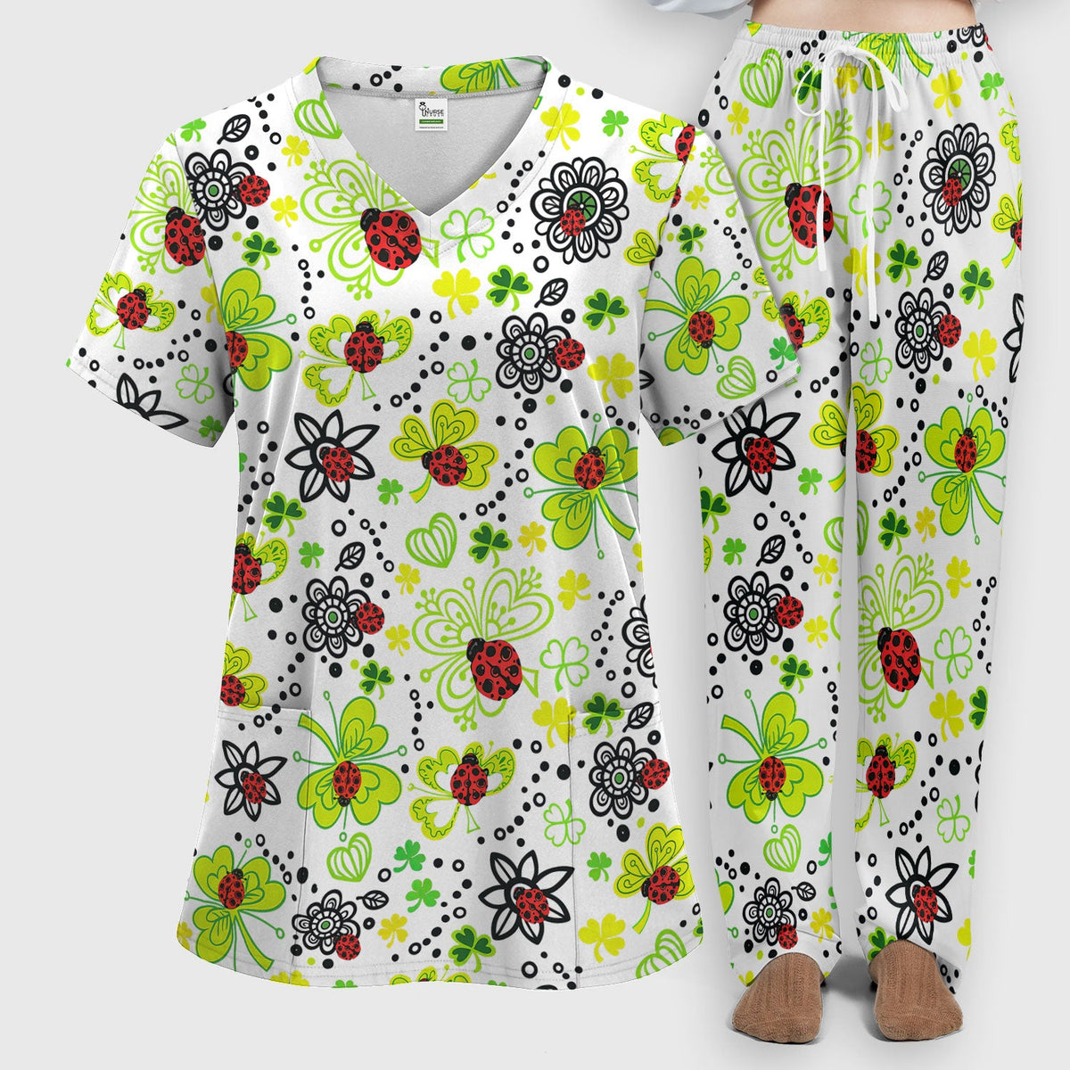 Ladybug Clover Floral Pattern Print Scrub Sets, Scrub Pants and V Neck Top