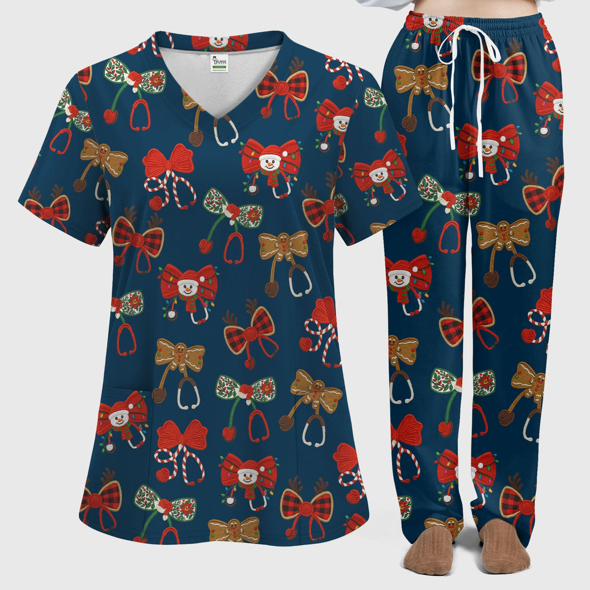 Christmas Stethoscope Bow Nurse Scrub Set