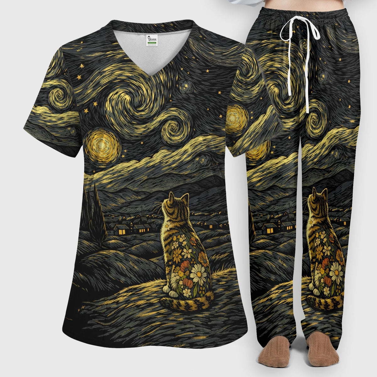 Galaxy Night Sky Cat With Flowers Print Scrub Set, Breathable Med Uniform