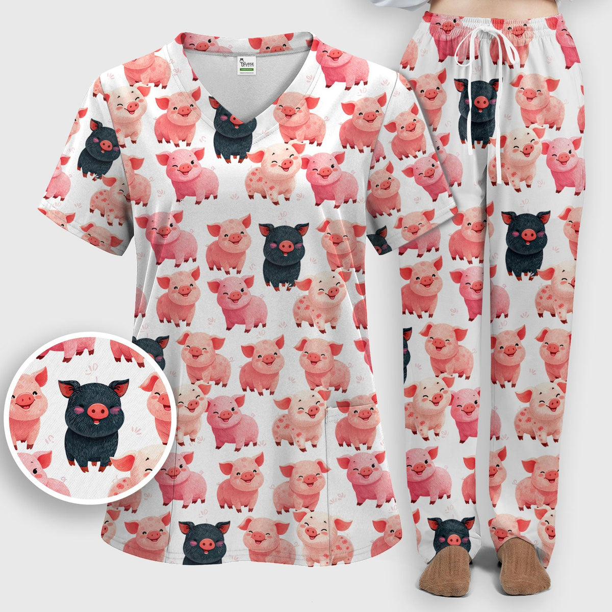 Funny Farm Pig Cartoon Pattern Scrub Set, Nurse Uniform Scrubs Set