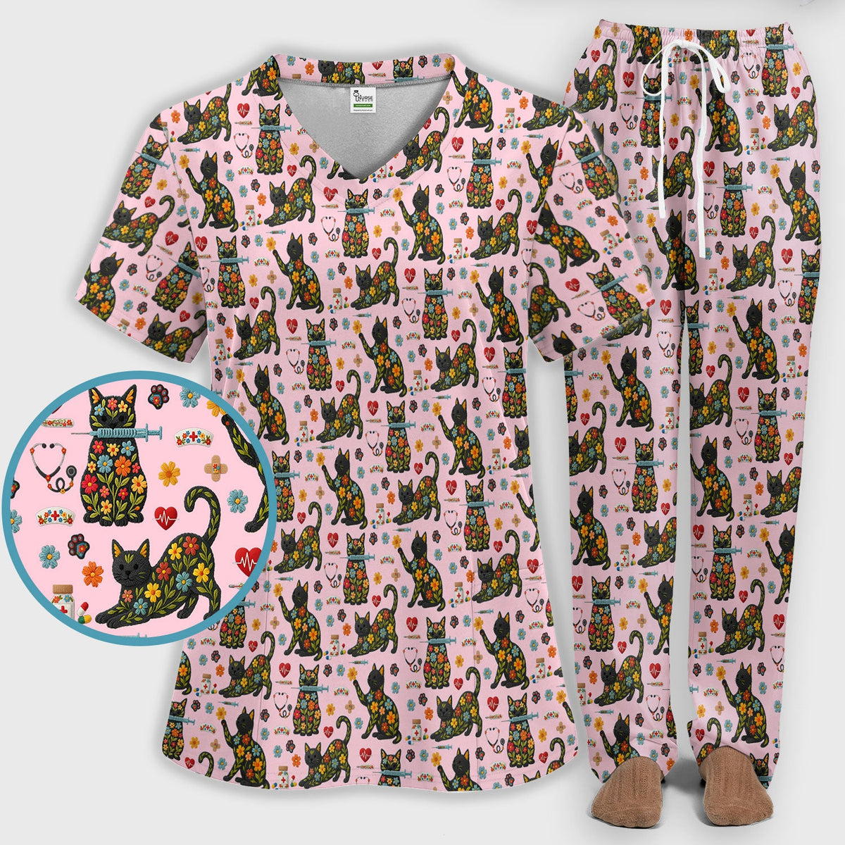 Floral Black Cat Nurse Scrub Set