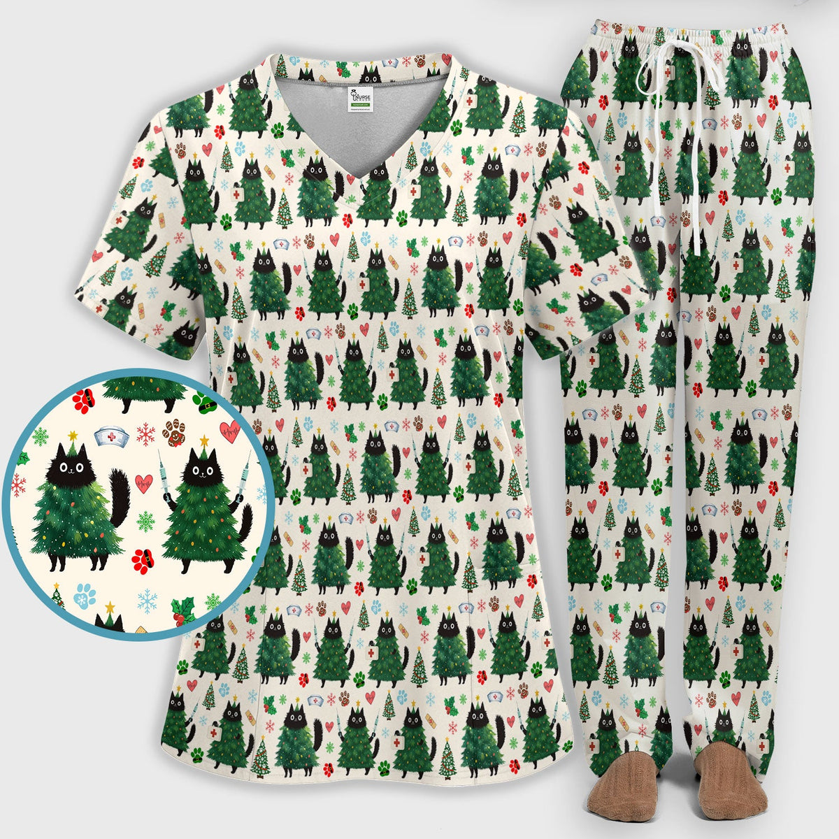 Christmas Black Cat Nurse Scrub Set