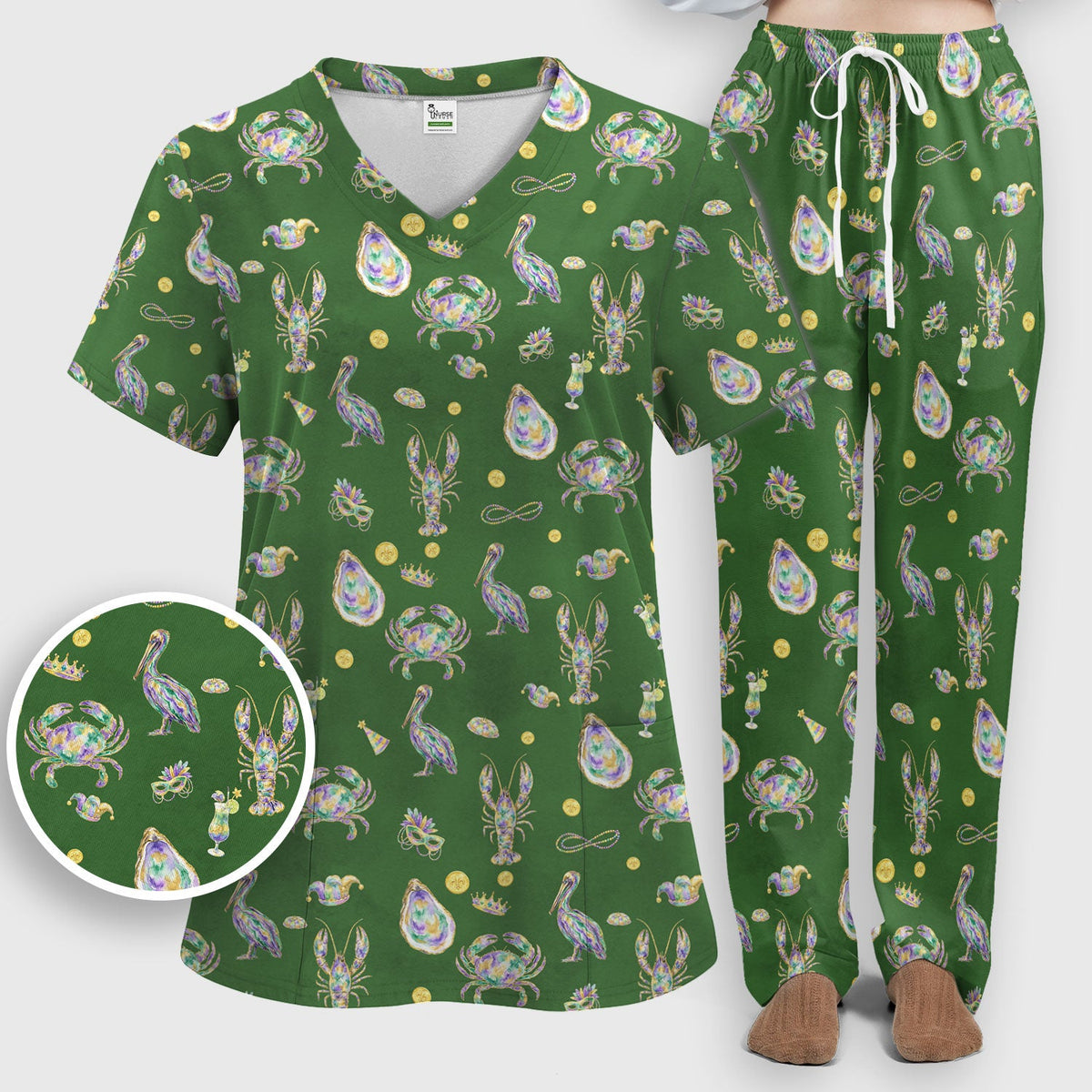 Mardi Gras Seafood Nurse Scrub Set