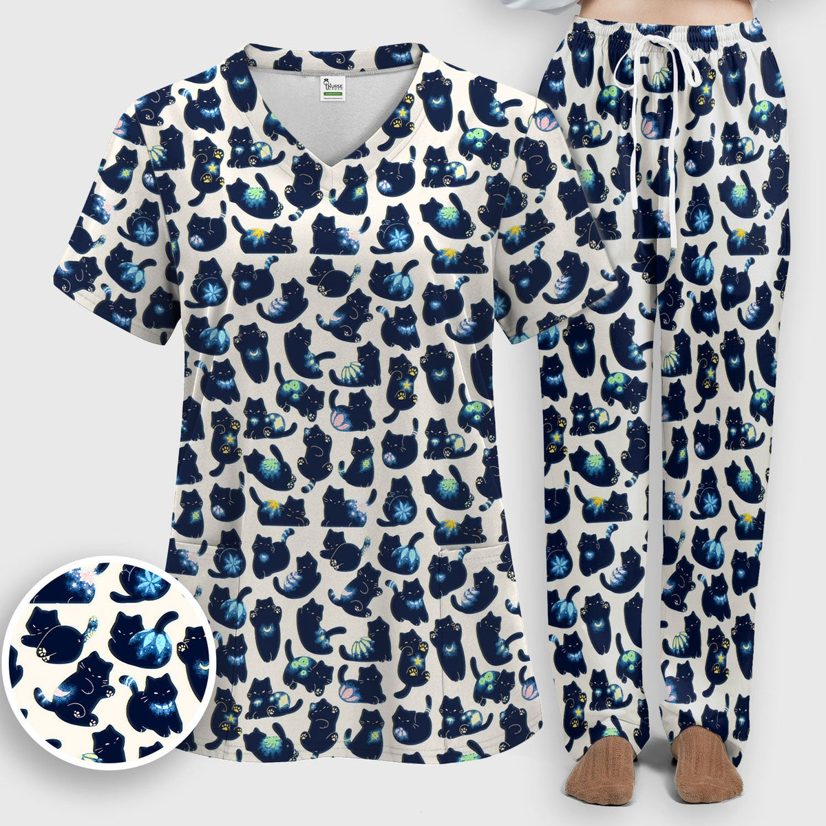 Midnight Black Cat Nurse Scrub Set