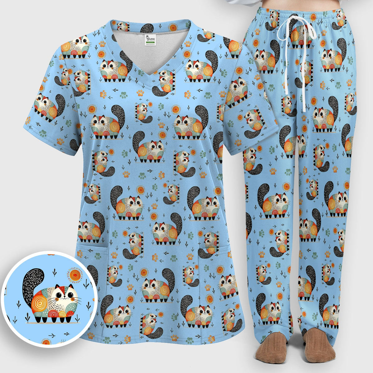 Cat Illustration Nurse Scrub Set