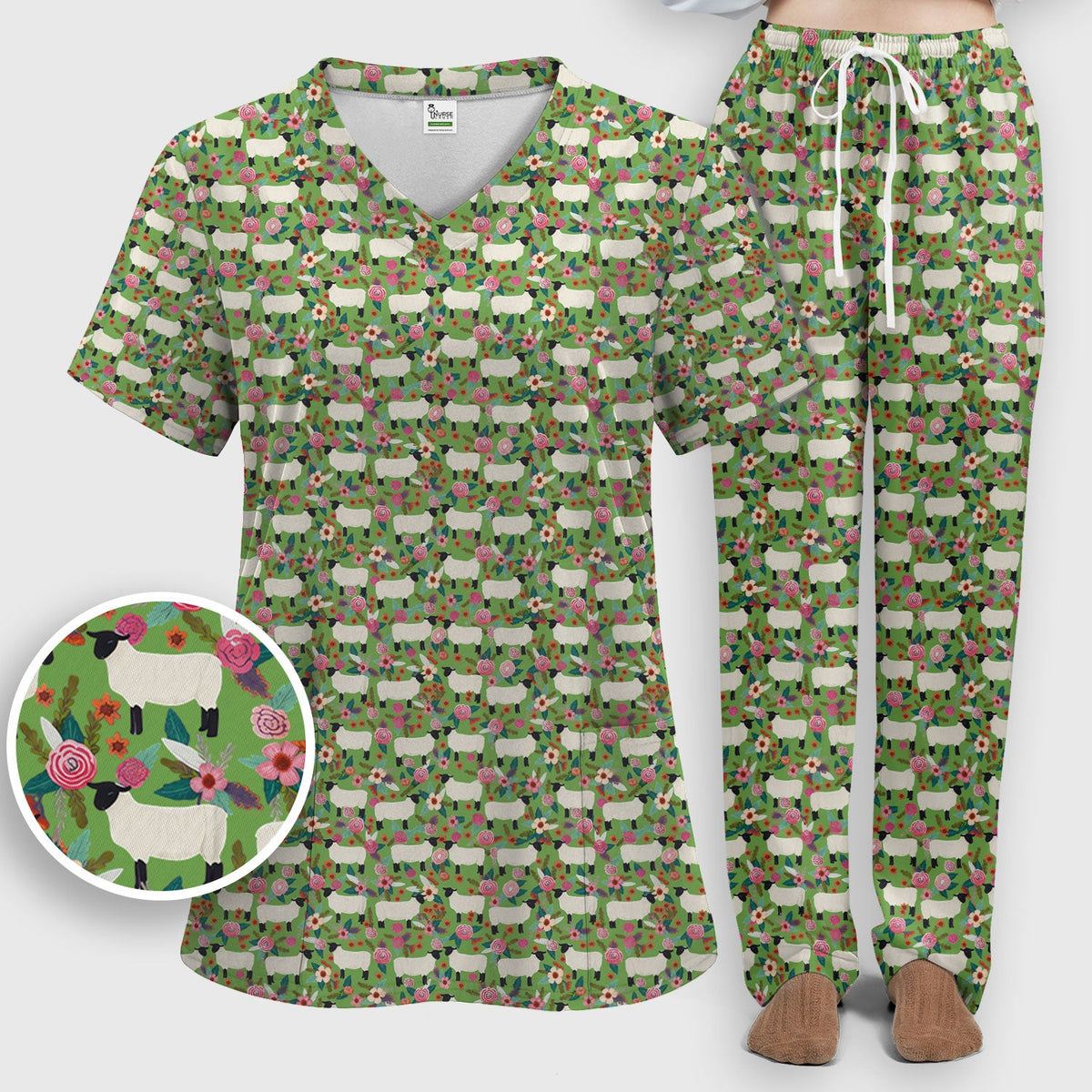 Sheep Floral Meadow Nurse Scrub Set