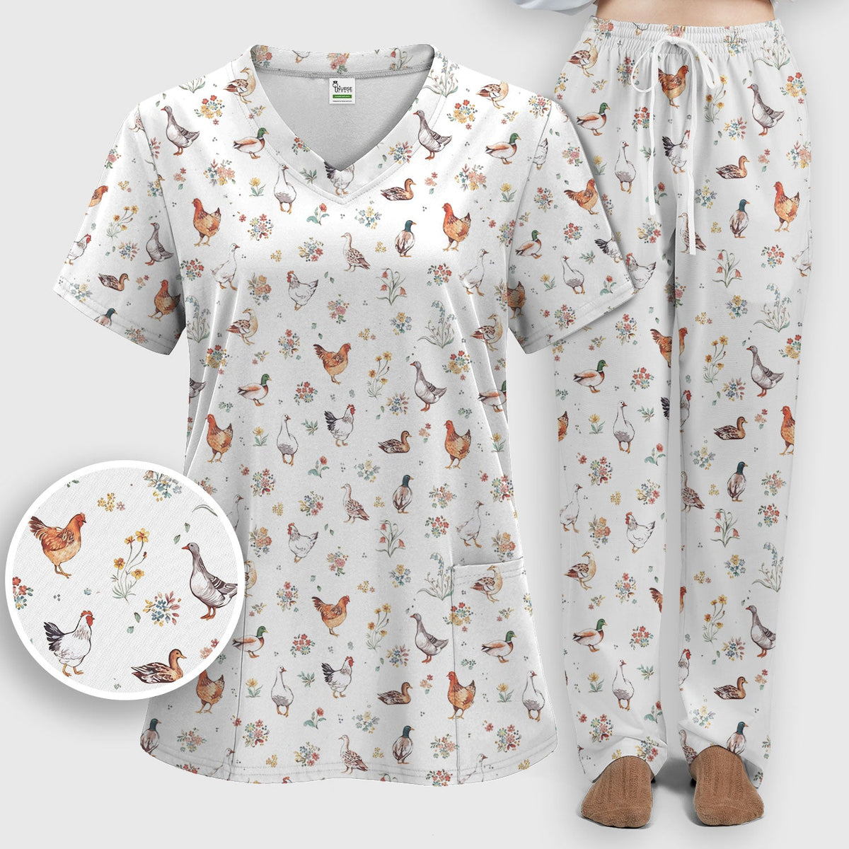 Farm Chicken Duck Floral Nurse Scrub Set
