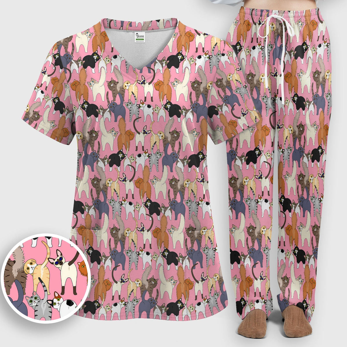 Whimsical Multicolor Cat Cartoon Nurse Scrub Set