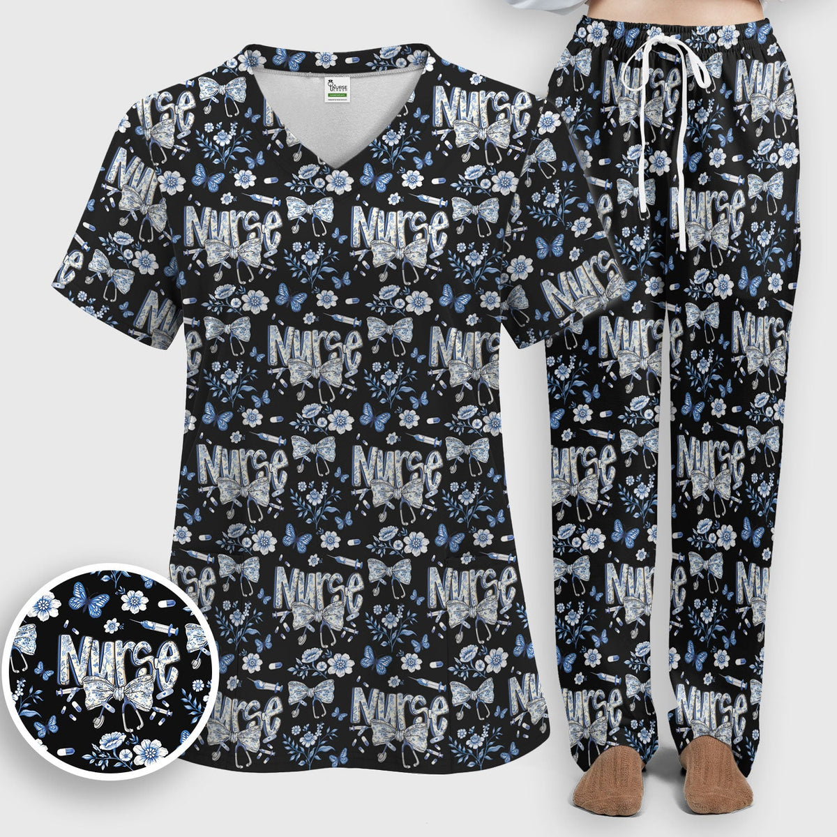 Blue Nurse Bow Butterfly Floral Scrub Set