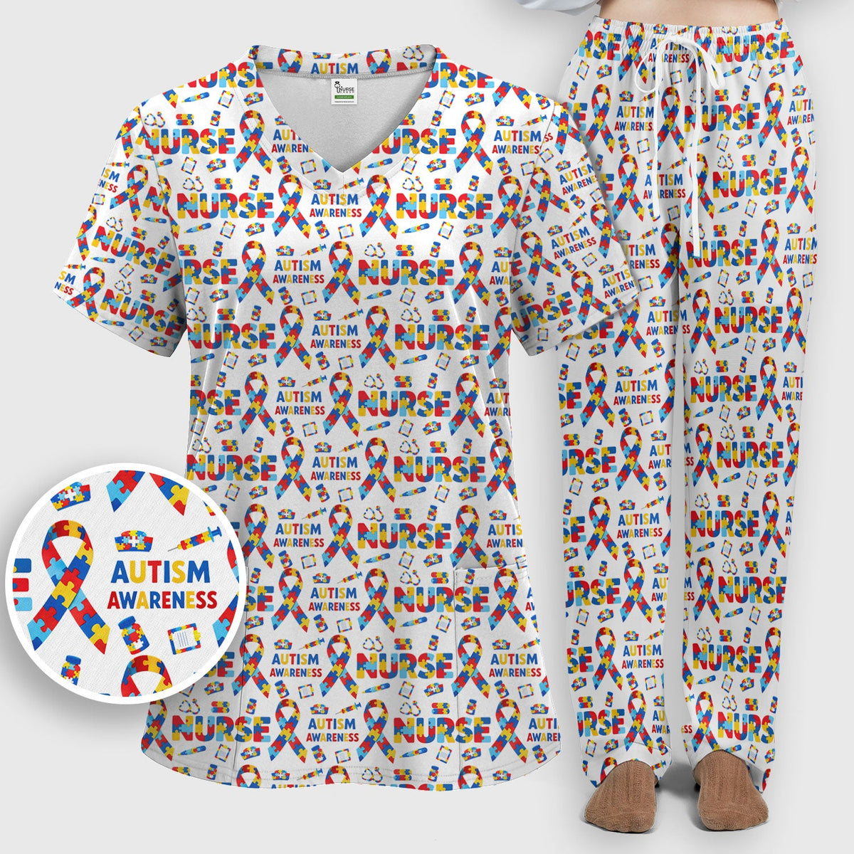 Autism Awareness Puzzle Ribbon Nurse Scrub Set