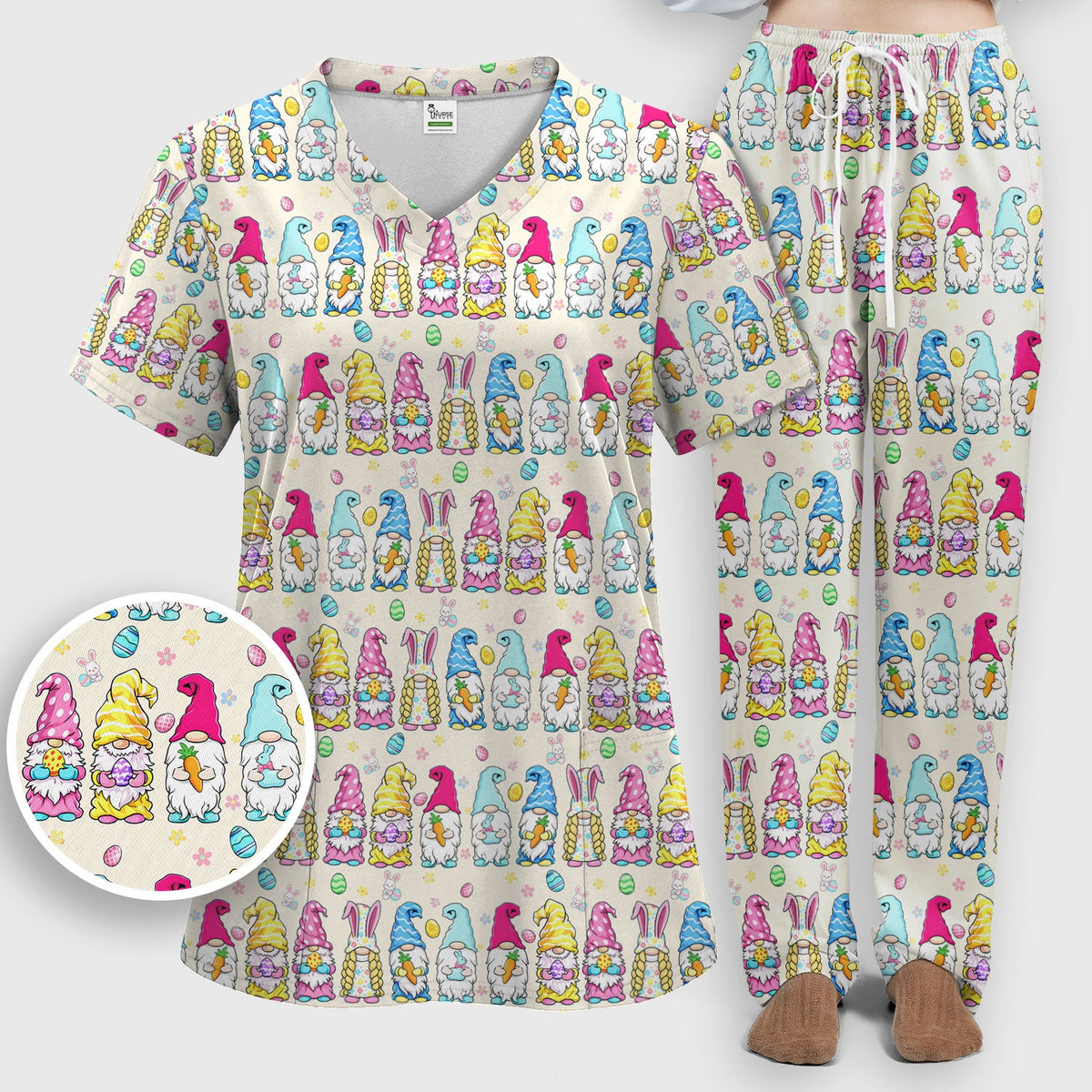 Colorful Easter Gnome Bunny Eggs Nurse Scrub Set