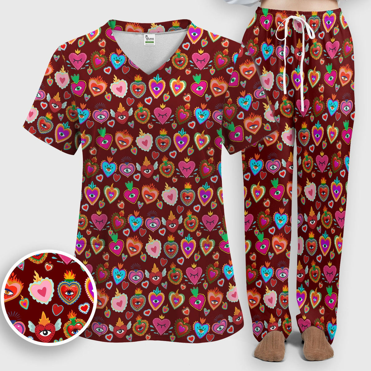 Valentine Colorful Sacred Heart Nurse Scrub Set