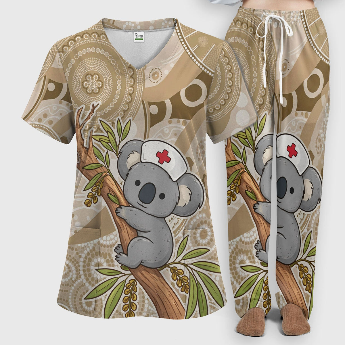 Australian Indigenous Inspired Dot Art Scrub Set, Cute Koala Pattern Nurse Shirt, Comfortable Scrubs For Nursing