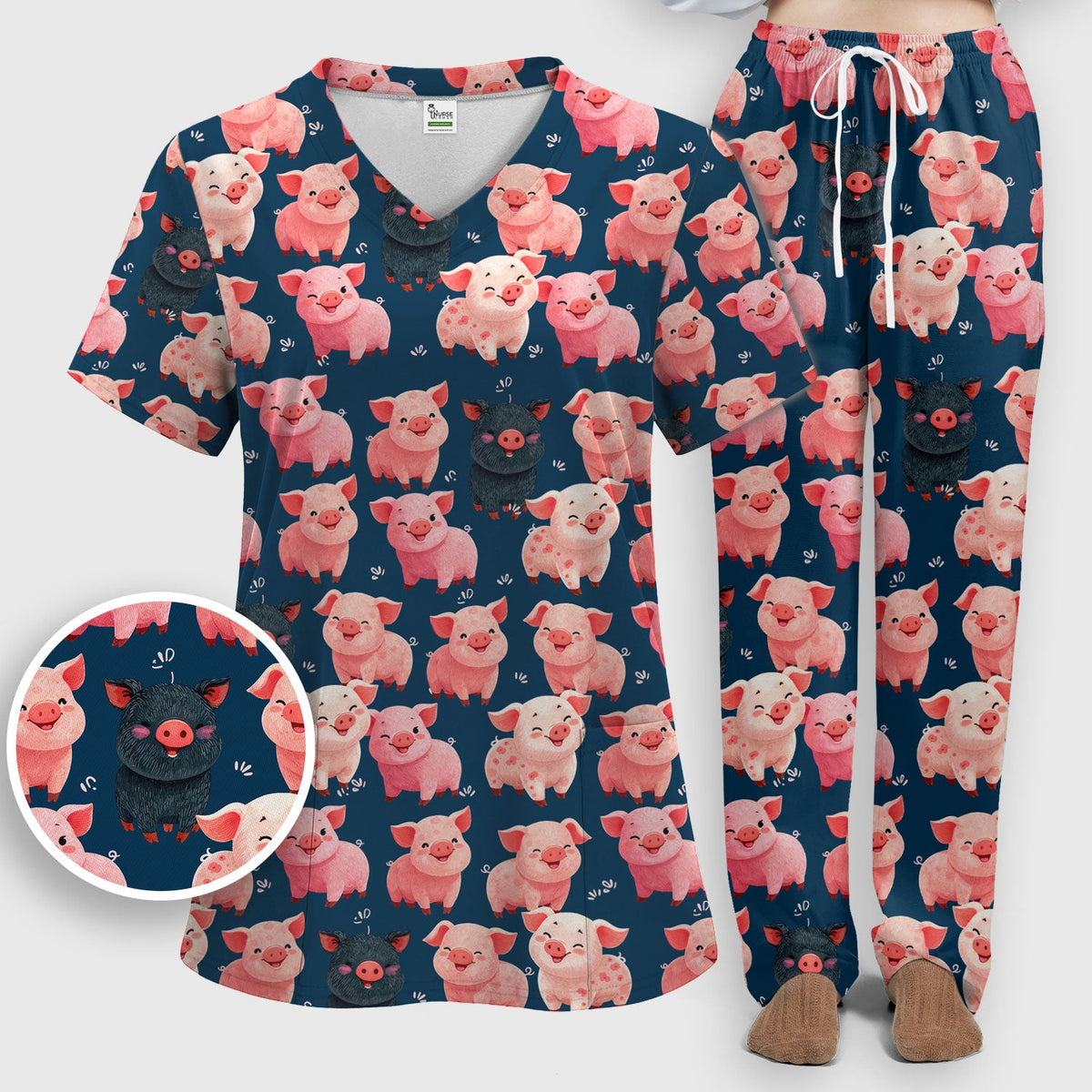 Funny Farm Pig Cartoon Pattern Scrub Set, Nurse Uniform Scrubs Set