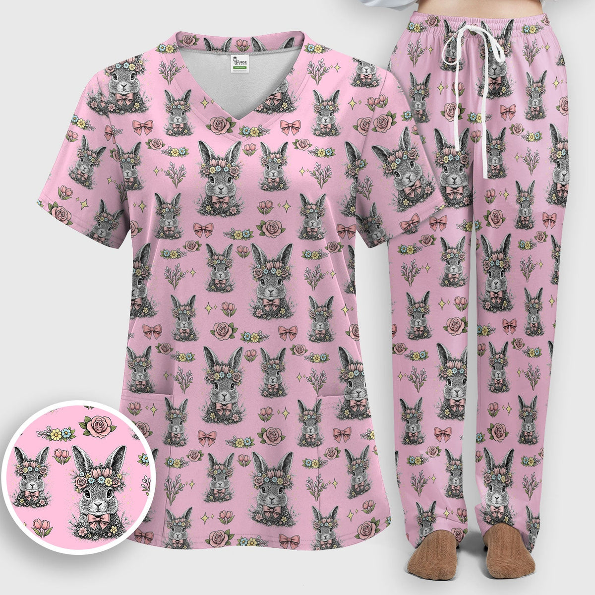 Vintage Floral Bunny Nurse Scrub Set