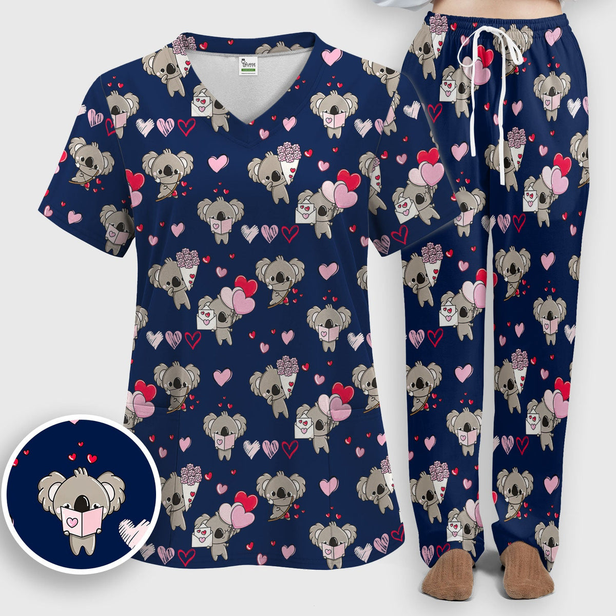 Valentine Koala Holding Flowers Nurse Scrub Set