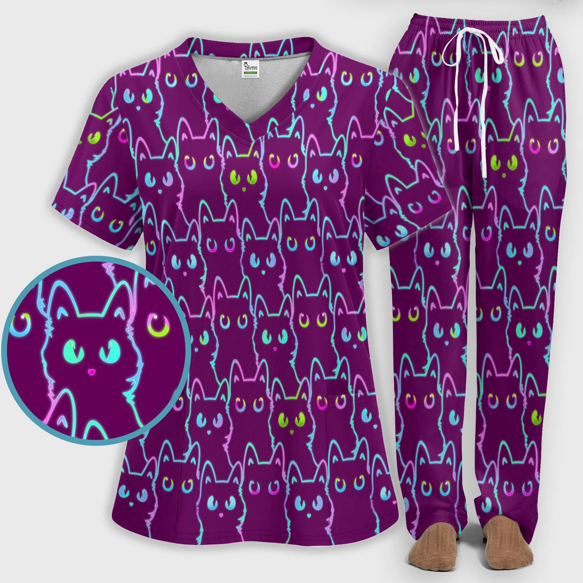 Neon Cat Pattern Scrub Set, Black Cat Scrub Shirt, Breathable Fabrics Nursing Uniform