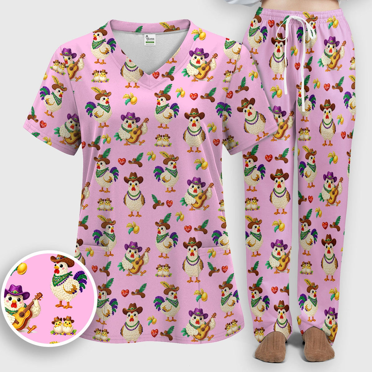 Mardi Gras Rooster Cowboy Nurse Scrub Set