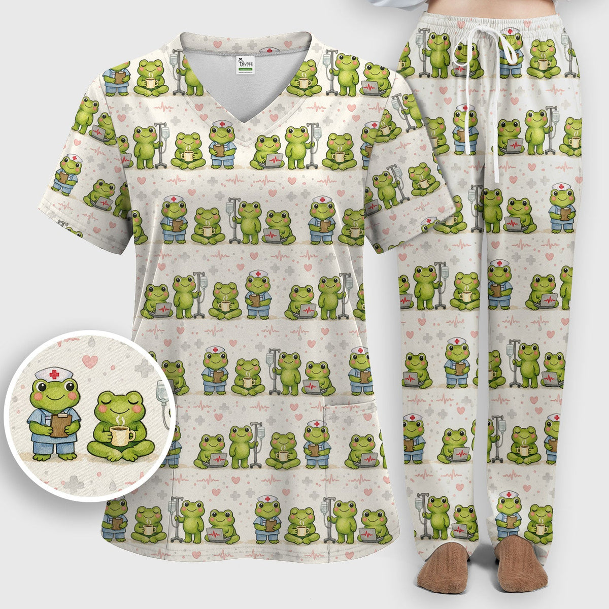 Adorable Frog Various Poses Nurse Scrub Set