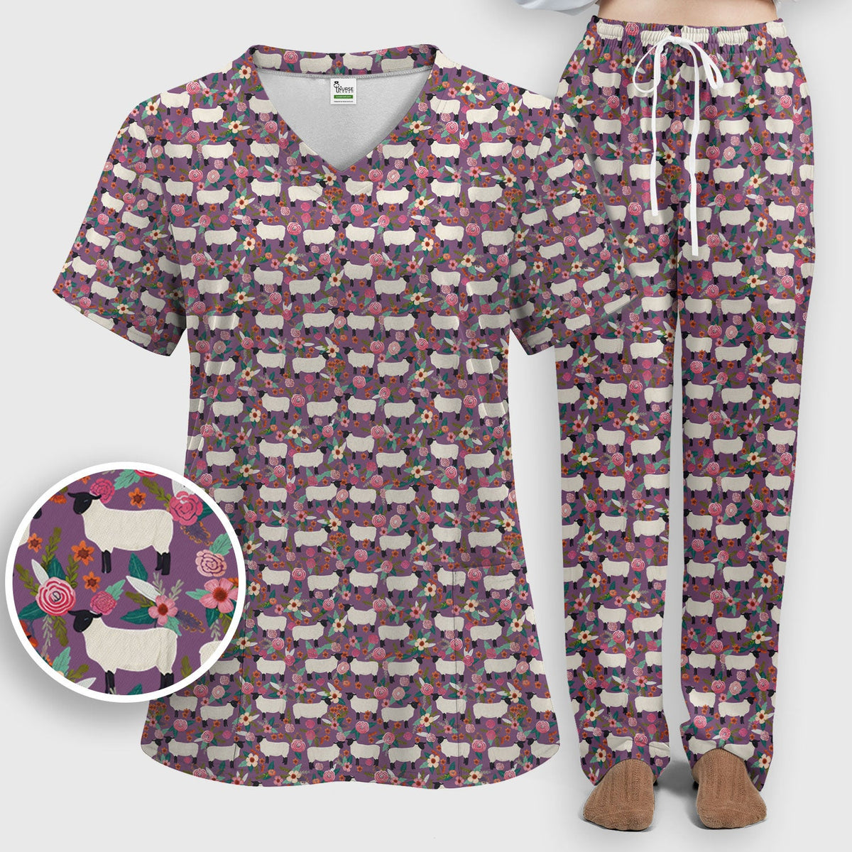 Sheep Floral Meadow Nurse Scrub Set