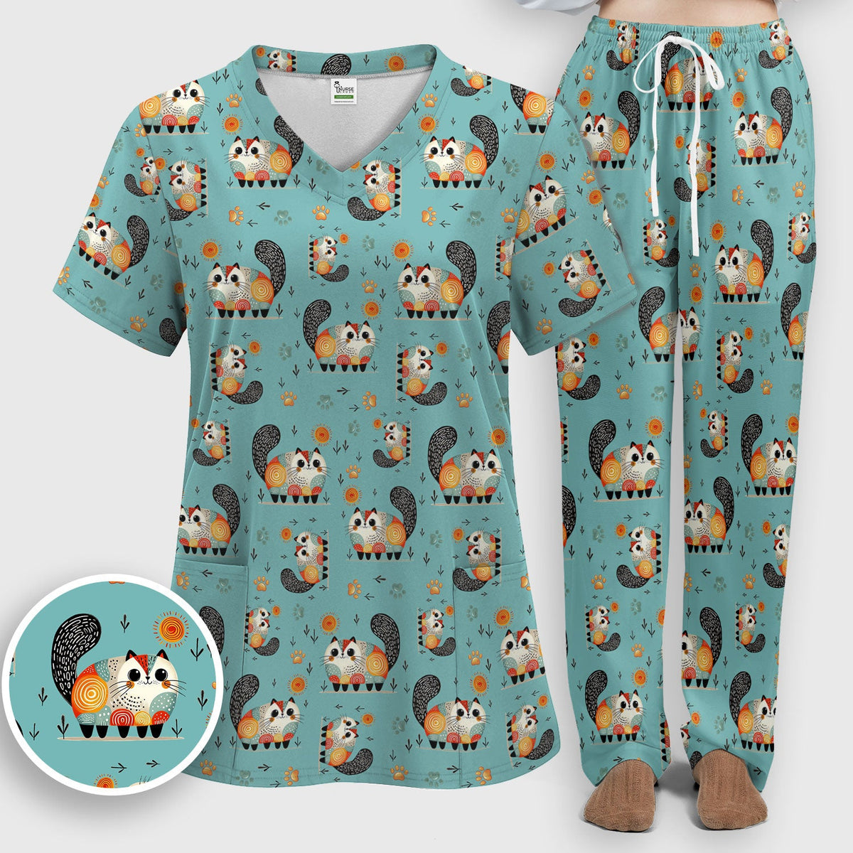 Cat Illustration Nurse Scrub Set