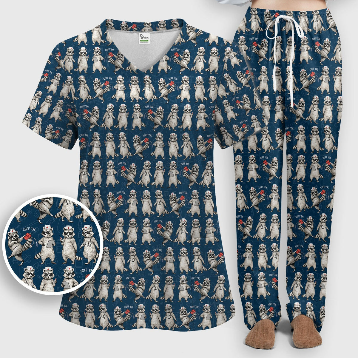 Raccoon Pattern Nurse Scrub Set