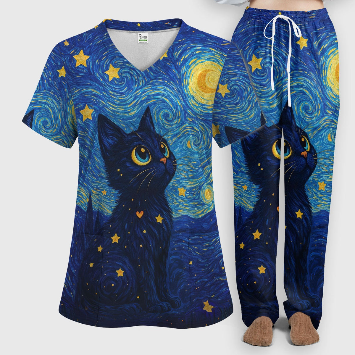 Black Cat Starry Night Nurse Scrub Set