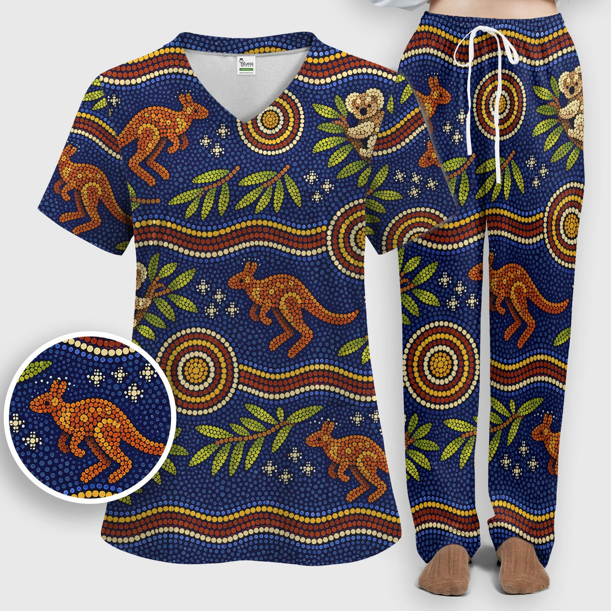 Australian Aboriginal Dot Art Scrub Set, Kangaroo ANd Koala Pattern Nurse Shirt, Breathable Fabrics Nursing Uniform