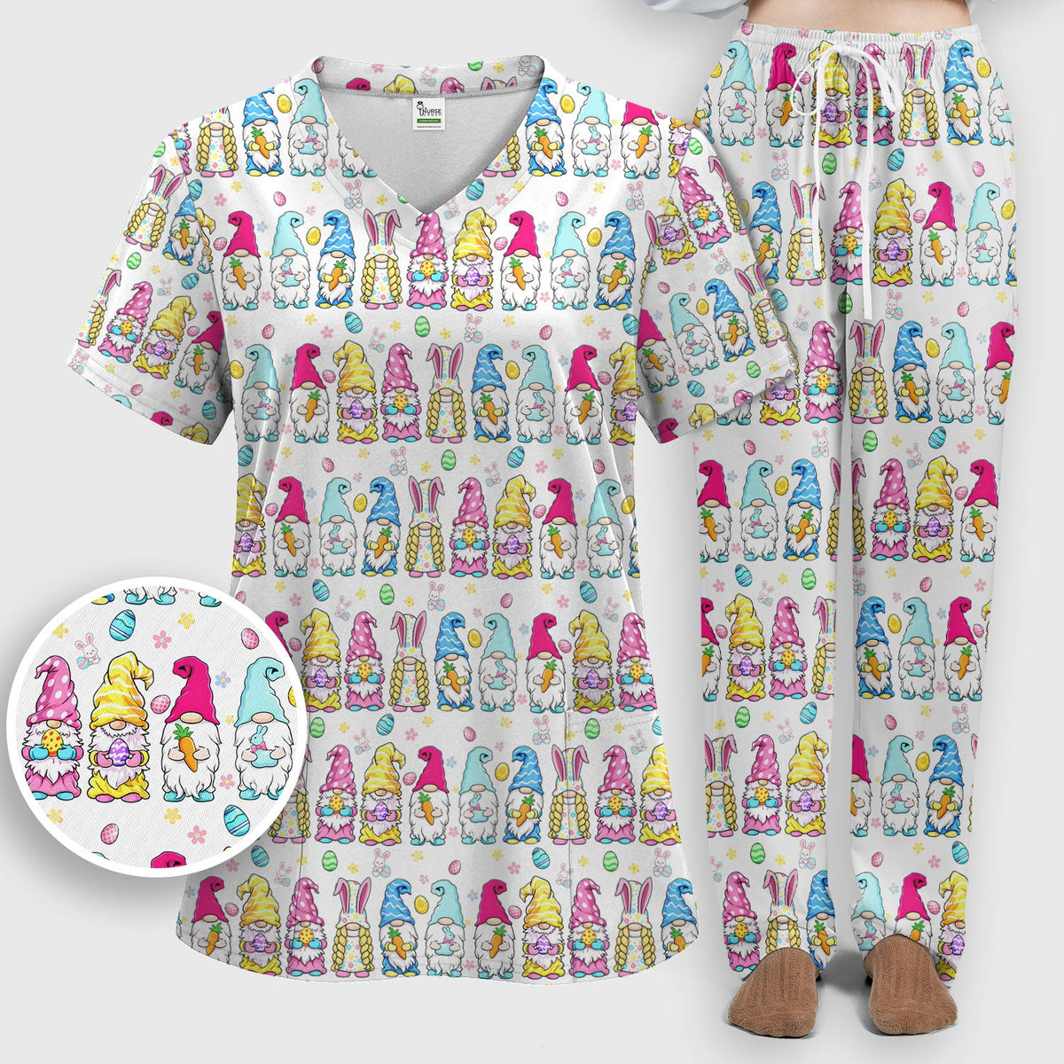 Colorful Easter Gnome Bunny Eggs Nurse Scrub Set