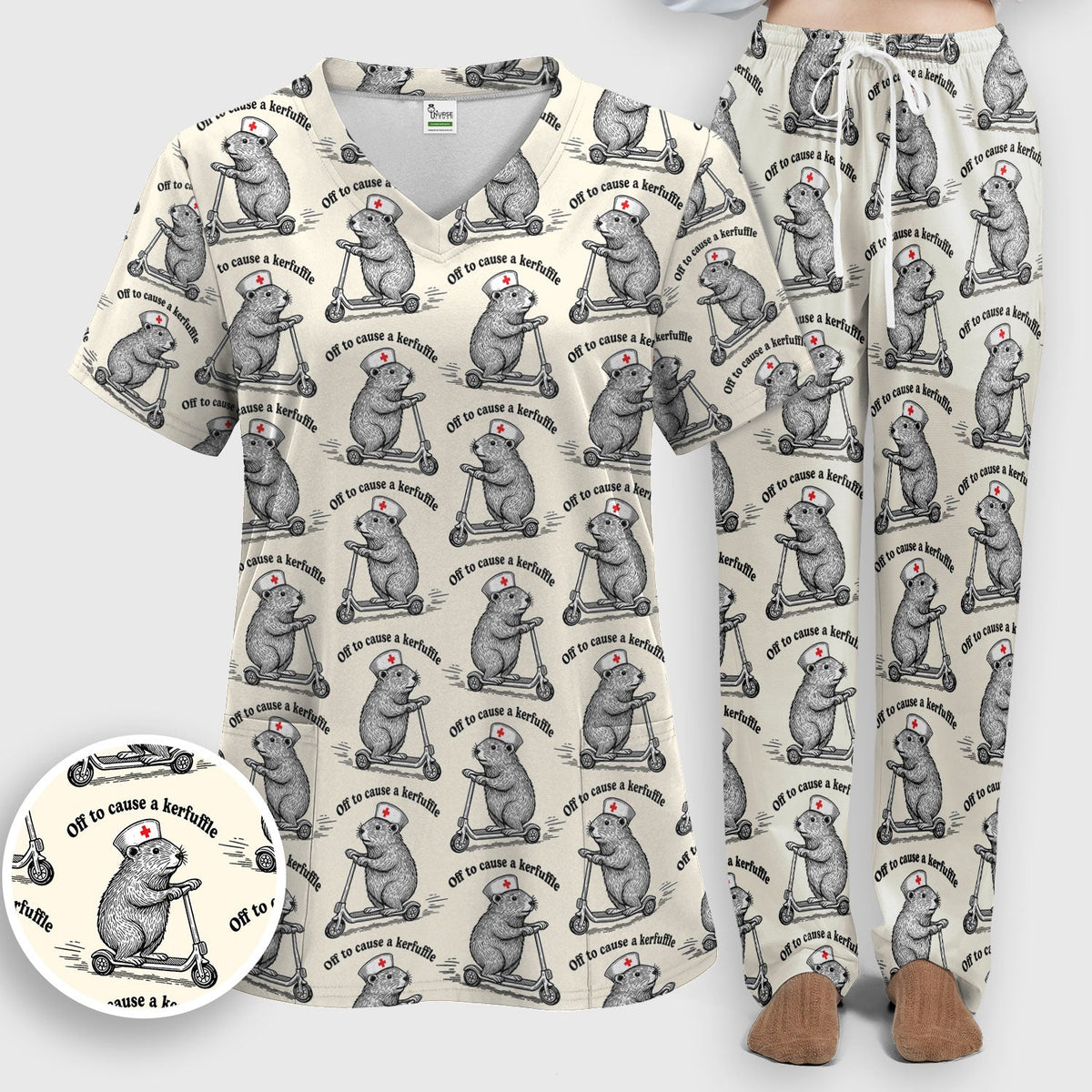 Funny Nurse Mouse Scooter Print Women's Scrub Set, Scrub Pants and V Neck Top