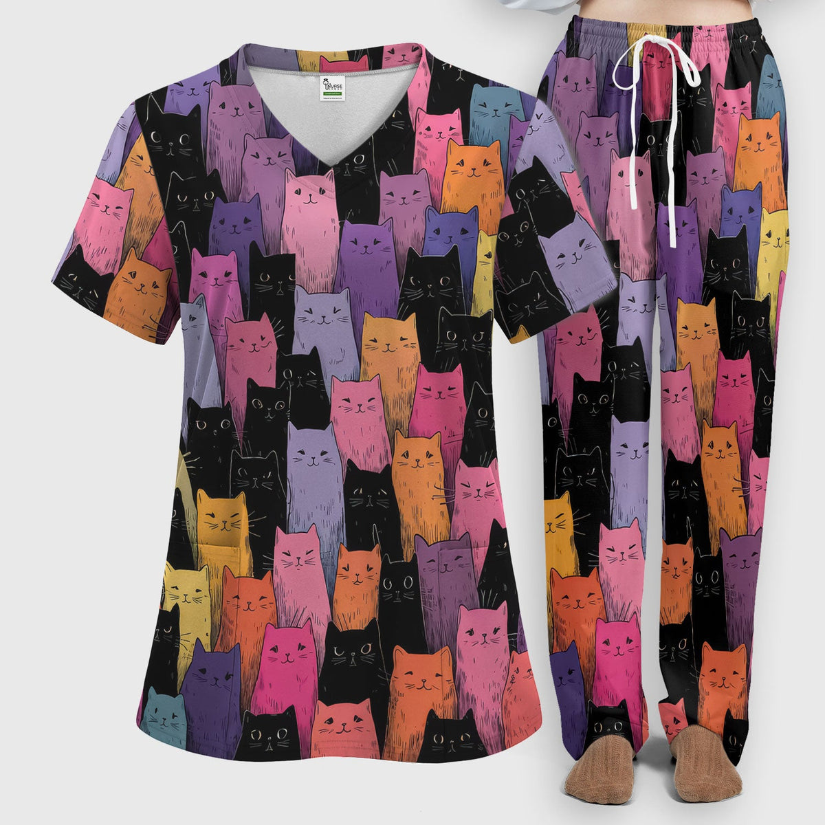Colorful Cat Art Nurse Scrub Set