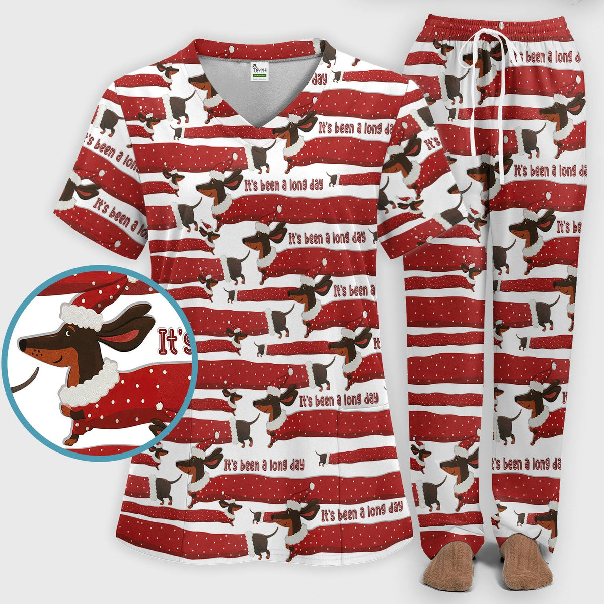 Funny Dachshund Christmas Scrub Set - It's Been a Long Day - Cute Wiener Dog Scrubs Pants and V Neck Top - Medical Uniform for Women