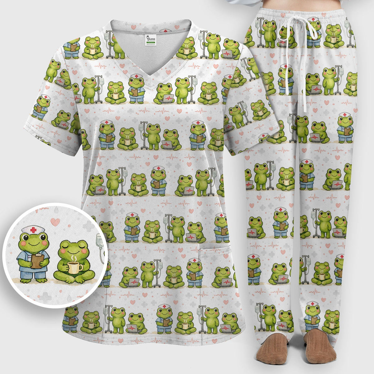 Adorable Frog Various Poses Nurse Scrub Set