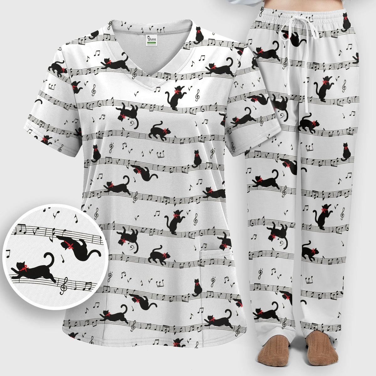 Dancing Black Cat Music Nurse Scrub Set